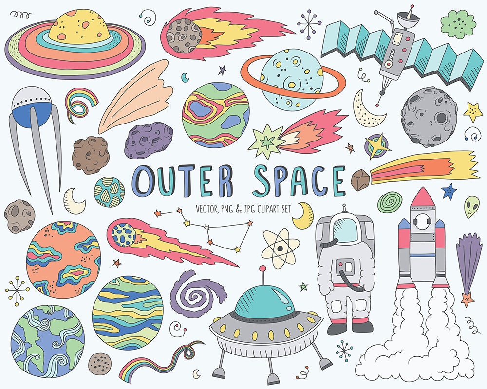 Space Clipart Cute Space Doodles Clip Art Set Vector Png Jpg Files Hand Dra...