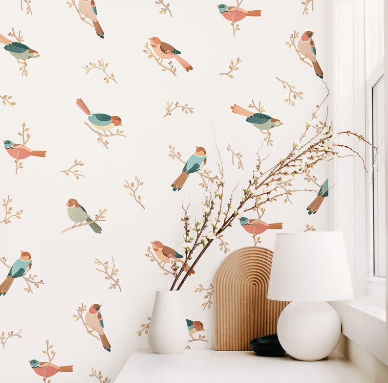 Bird Wall Decals Floral Nursery Decor, Watercolor Branch Wall Art, Kids Room Wall Decal, Reusable and Removable Wall Stickers image 1