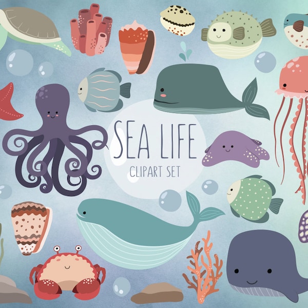 Meer Leben Clipart - 25 süß Ocean Tiere Clip Art Set - Qualität Vektor, PNG und JPG 300 DPI Sommer Clipart, entzückende Strand Kunst