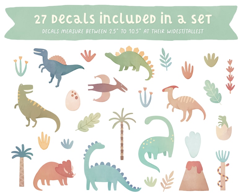 Dinosaur Wall Decals Removable, Reusable Wall Stickers Nursery Decor, Kids Room Watercolor Dinosaur Wall Art image 2