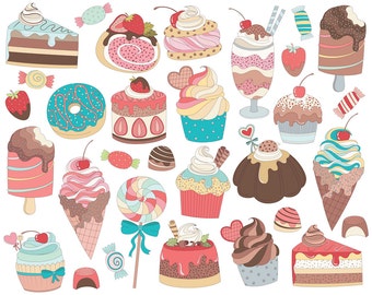 Friandises, bonbons et bonbons Clip Art - Set de 31 PNG 300 DPI et Vector Files - Dessert mignon et Doodles Clipart nourriture, dessiné à la main