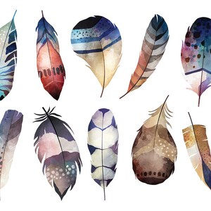 Puede incluir: Un conjunto de 11 ilustraciones de acuarela de plumas coloridas. Las plumas están pintadas en varios tonos de azul, rojo, marrón y blanco. Las plumas están dispuestas en un patrón aleatorio sobre un fondo blanco.