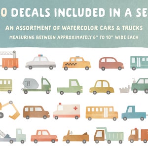 Car and Truck Wall Decals Nursery Decor, Watercolor Wall Art, Kids Room Decal, Reusable and Removable Wall Stickers image 2