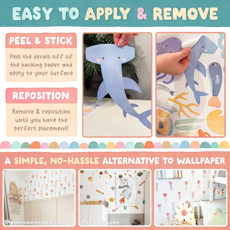May include: A set of colorful, illustrated wall decals featuring a hammerhead shark, fish, and coral. The decals are easy to apply and remove, making them a simple alternative to wallpaper. The image shows examples of how the decals can be used to decorate a child's room.