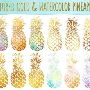 Ananas Clipart - Gold Textur Ananas, Aquarell Ananas Clip Art Set - PNG & JPG Dateien, Sommer Clipart, Süßes Obst Clip Art
