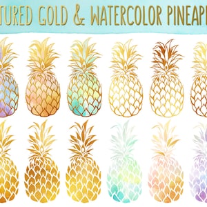 Pineapple Clipart - Gold Texture Pineapples, Watercolor Pineapples Clip Art Set - PNG & JPG Files, Summer Clipart, Cute Fruit Clip Art