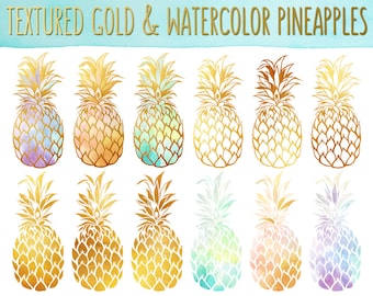 Pineapple Clipart - Gold Texture Pineapples, Watercolor Pineapples Clip Art Set - PNG & JPG Files, Summer Clipart, Cute Fruit Clip Art