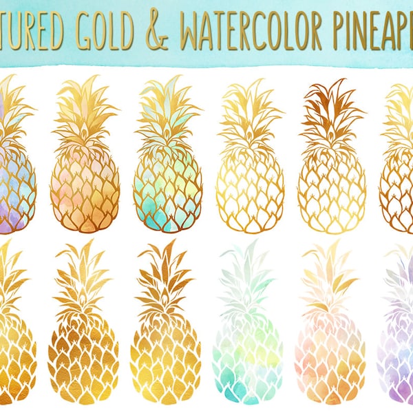 Pineapple Clipart - Gold Texture Pineapples, Watercolor Pineapples Clip Art Set - PNG & JPG Files, Summer Clipart, Cute Fruit Clip Art
