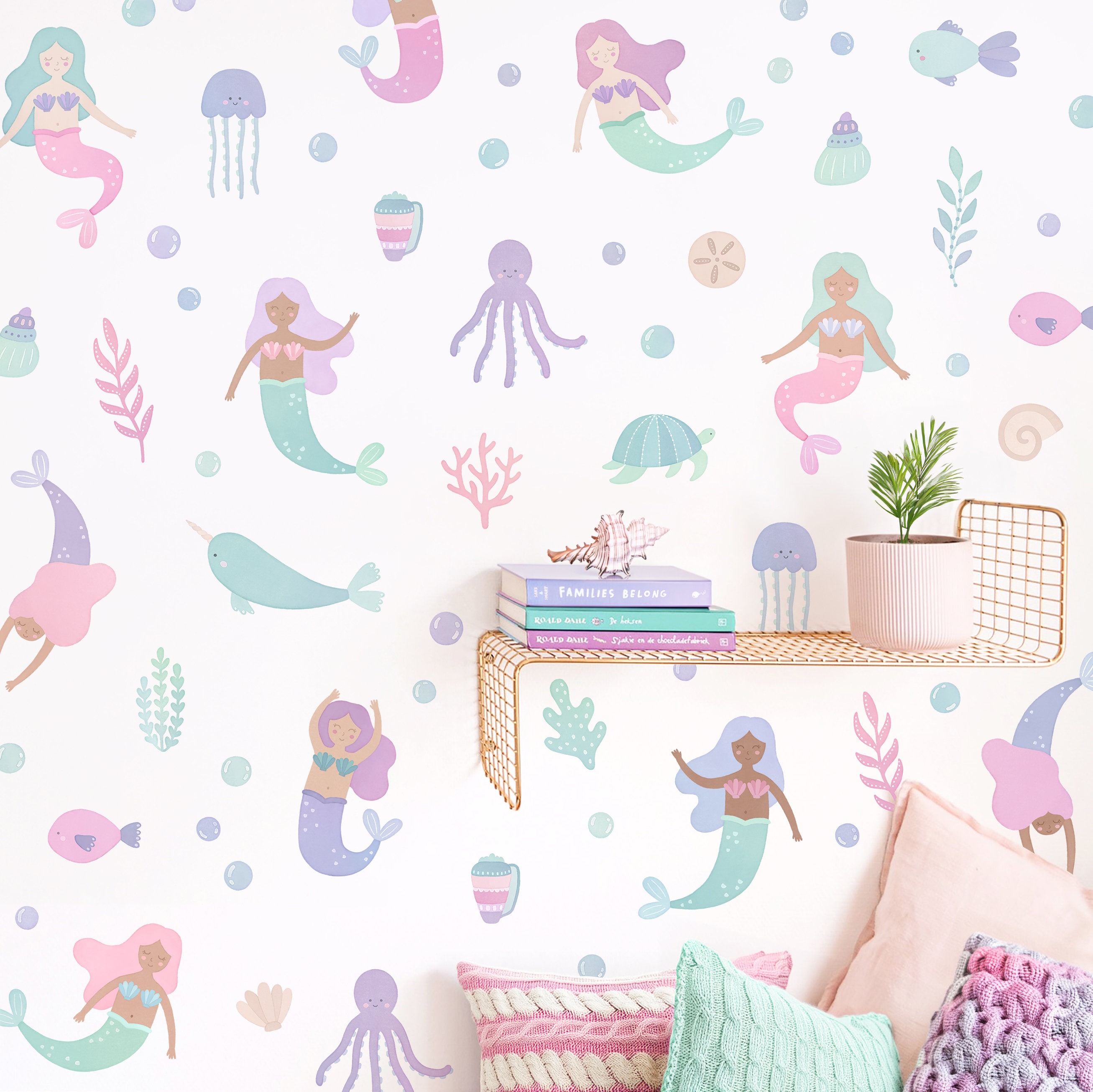 Mermaid Wall Decals - Removable, Reusable Wall Stickers - Watercolor Sea Life Nursery Decor, Kids Room Wall Art, Beach Nursery Decor