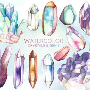 Watercolor Crystals and Gems Clipart - 13 Hand Painted Crystal Clusters, Minerals & Stones Clip Art - Unique Design Elements