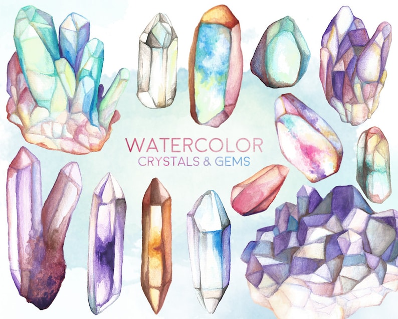 Watercolor Crystals and Gems Clipart 13 Hand Painted Crystal Clusters, Minerals & Stones Clip Art Unique Design Elements image 1