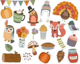 Autumn Doodles Clip Art - Set of 22 300 DPI PNG, JPG, and Vector Files - Cute Fall/Thanksgiving Seasonal Holiday Clipart Design Elements