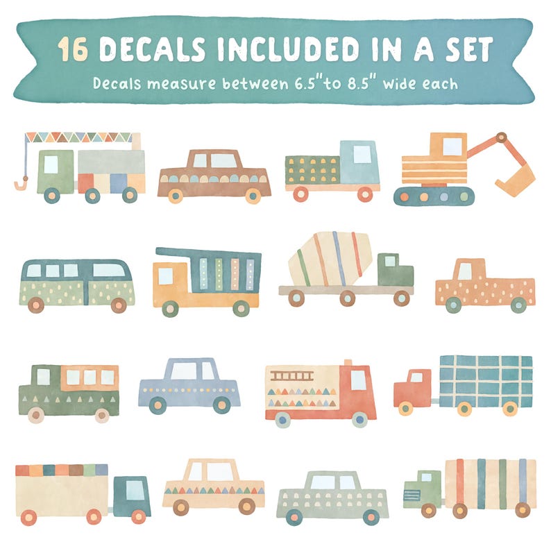 May include: Set of 16 colorful vehicle decals, including a truck, a bus, a car, a cement mixer, and a construction vehicle. The decals measure between 6.5 inches and 8.5 inches wide.