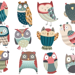 Eule Clipart - Set von 12 einzigartige handgezeichnete Eulen - 300 DPI Vektor, PNG und JPG-Dateien - Vögeln ClipArt und Grahpics