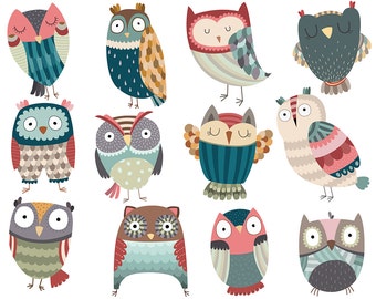 Owl Clipart - Set of 12 Unique Hand Drawn Owls - 300 DPI Vector, PNG, & JPG Files - Cute Birds Clip Art and Grahpics