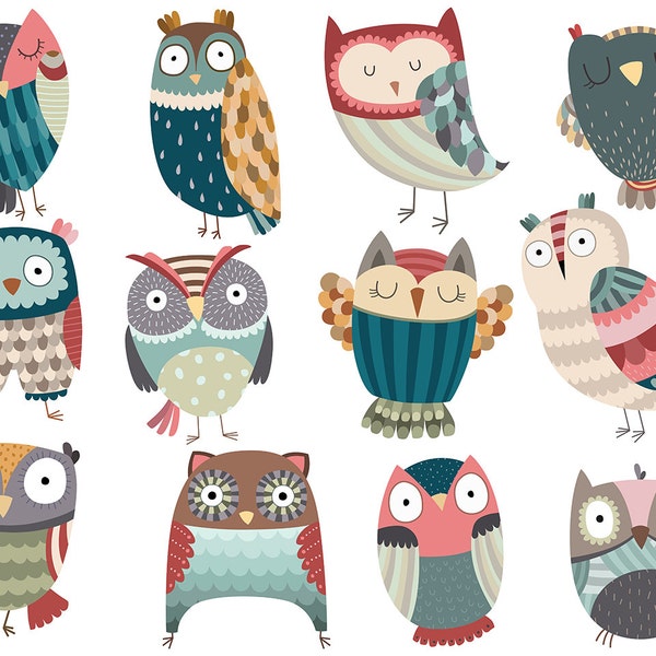 Owl Clipart - Set of 12 Unique Hand Drawn Owls - 300 DPI Vector, PNG, & JPG Files - Cute Birds Clip Art and Grahpics
