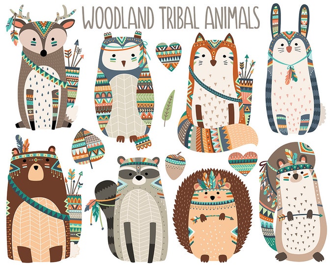 Woodland Tribal Animals Clipart - Forest Animal Clip Art, Tribal Clipart, Digital Download, Cute Woodland Nursery, Digital Clipart Set