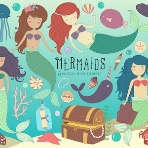 Mermaid Clipart - Ocean Clipart, Sea Life Clipart, Cute Mermaid Clip Art Set, Vector Ocean Design Elements