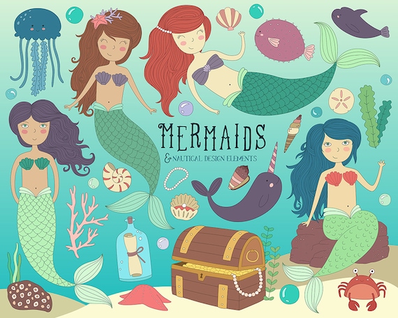 Mermaid Clipart - Ocean Clipart, Sea Life Clipart, Cute Mermaid Clip Art Set, Vector Ocean Design Elements