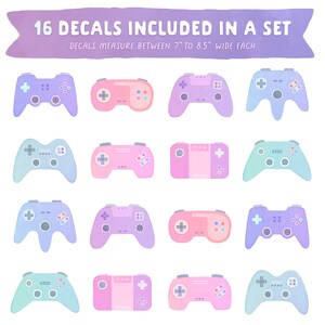 May include: Set of 16 pastel-colored video game controller decals. The decals measure between 7 and 8.5 inches wide.