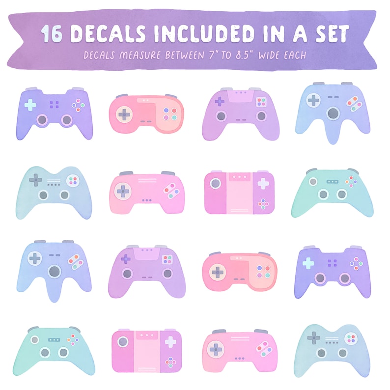 May include: Set of 16 pastel-colored video game controller decals. The decals measure between 7 and 8.5 inches wide.