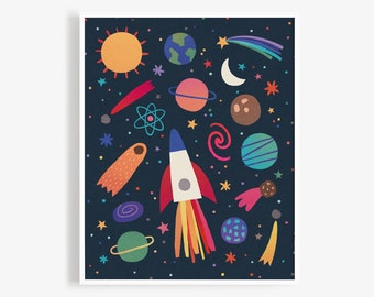 Space Art Print - Rocket and Planet Wall Art, Kids Room Art, Colorful Wall Decor, Outer Space Nursery Decor