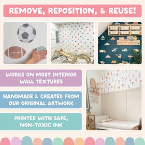 May include: A collection of removable wall decals featuring various designs including a soccer ball, football, colorful dots, transportation vehicles, and floral patterns. The text REMOVE, REPOSITION, & REUSE! is displayed alongside information about wall textures, handmade artwork, and non-toxic ink.