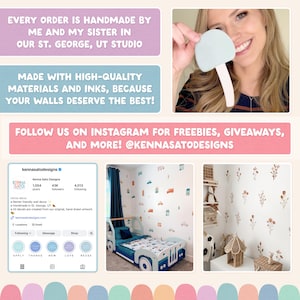 May include: A collage featuring wall decals, including a light blue mushroom shape, a room with vehicle-themed wall stickers, and a room with floral wall stickers. Text includes: EVERY ORDER IS HANDMADE BY ME AND MY SISTER IN OUR ST. GEORGE, UT STUDIO.