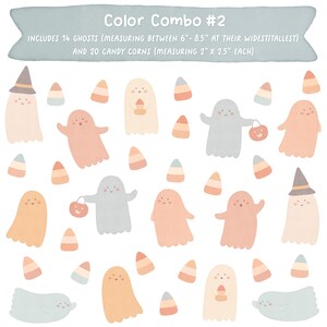 Puede incluir: Un conjunto de 14 ilustraciones de fantasmas y 20 de dulces de ma&iacute;z en colores pastel. El texto dice: Color Combo #2, includes 14 ghosts (measuring between 15,24cm-21,59cm) and 20 candy corns (measuring 5,08cm x 6,35cm each).