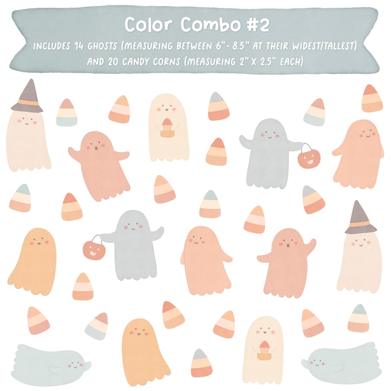 Puede incluir: Un conjunto de 14 ilustraciones de fantasmas y 20 de dulces de ma&iacute;z en colores pastel. El texto dice: Color Combo #2, includes 14 ghosts (measuring between 15,24cm-21,59cm) and 20 candy corns (measuring 5,08cm x 6,35cm each).