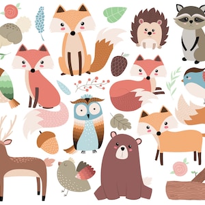Animaux de la forêt Forêt Clip Art - 26 300 DPI vecteur, PNG et les fichiers JPG - clipart Animal mignon, Fox et bestioles Illustration