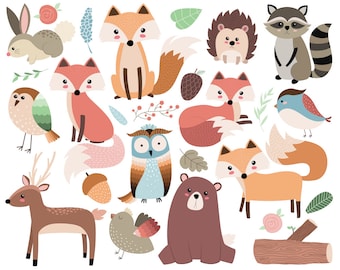 Woodland Forest Animals Clip Art - 26 300 DPI Vector, PNG, & JPG Files - Cute Animal Clip Art, Fox and Critters Illustration