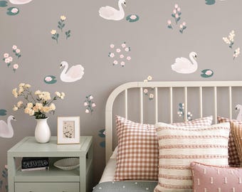 Swan Wall Decals - Removable, Reusable Wall Stickers - Floral Nursery Decor, Kids Room Watercolor Animal Wall Art