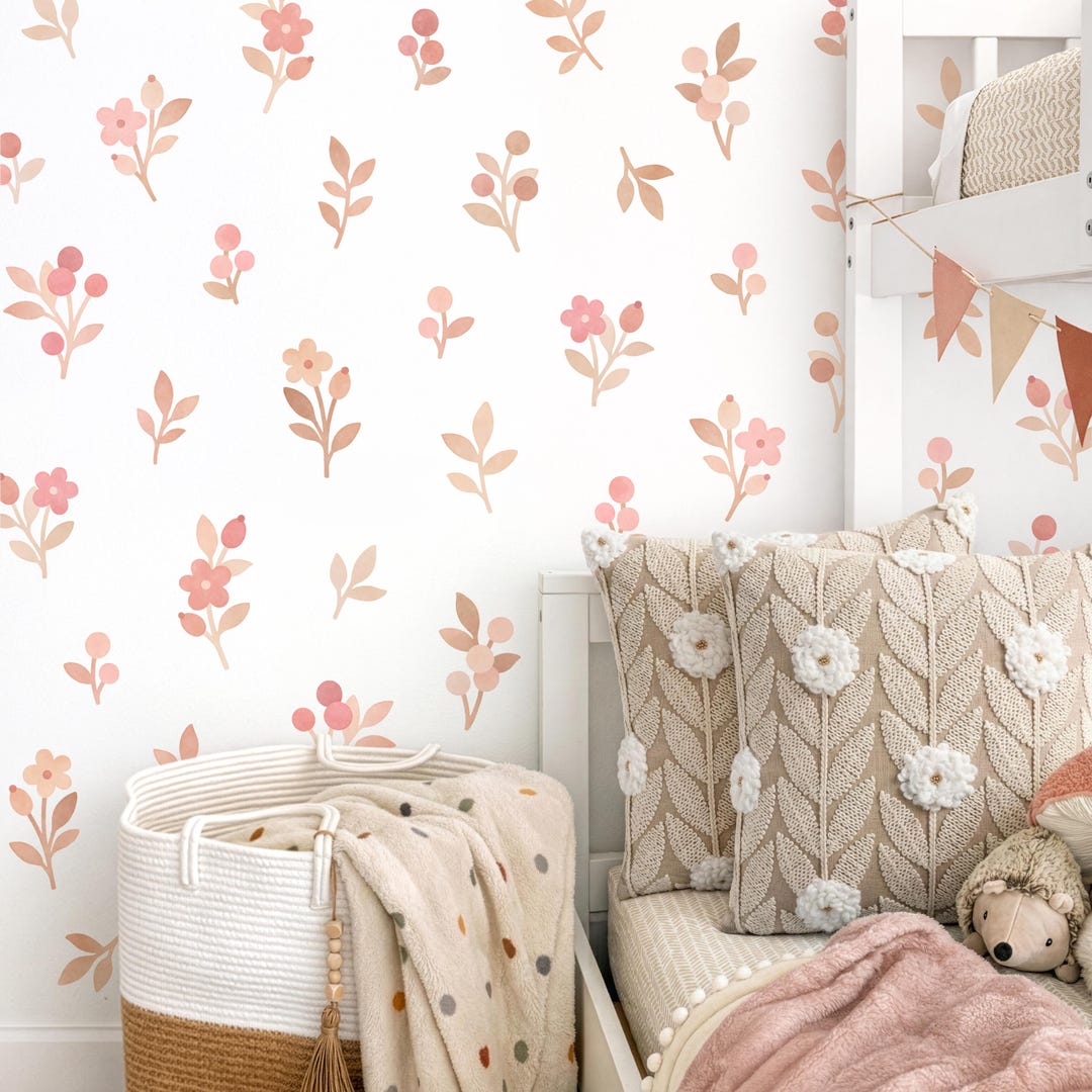 Flower Wall Decals - Boho Nursery Decor, Pink and Beige Floral Wall Art ...