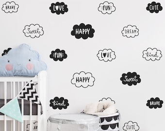 Calcomanías de pared de nubes - Calcomanías de guardería, lindo conjunto de calcomanías de pared de nubes y palabras, calcomanías de pared de vinilo, decoración de guardería, pegatinas de pared de habitaciones para niños