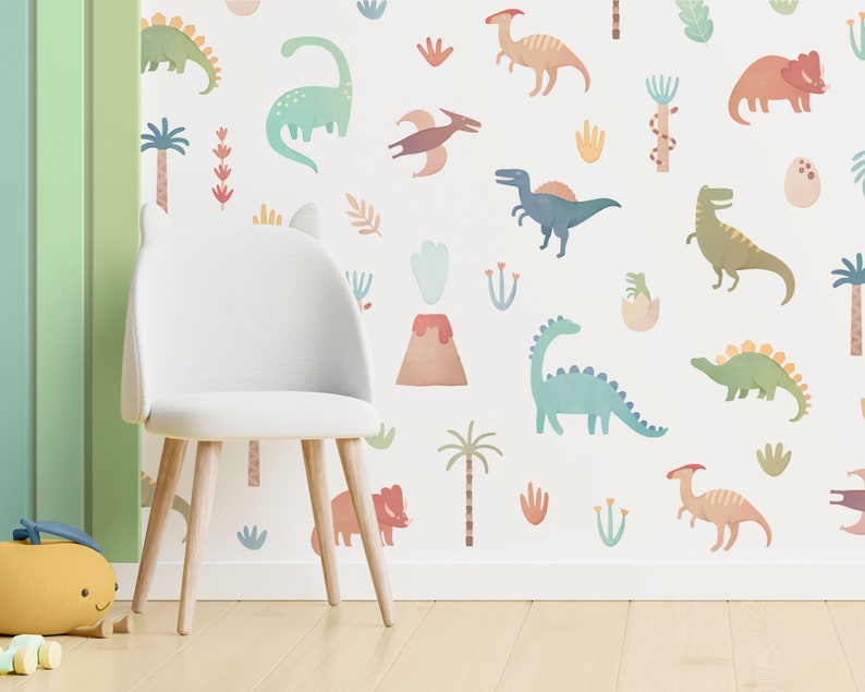 Dinosaur Wall Decals Removable, Reusable Wall Stickers Nursery Decor, Kids Room Watercolor Dinosaur Wall Art image 1