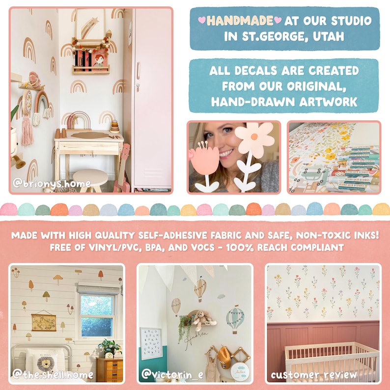 May include: A nursery room decorated with rainbow and floral wall decals. The image includes a desk, a crib, and a wardrobe. Text on the image reads "HANDMADE AT OUR STUDIO IN ST. GEORGE, UTAH" and "ALL DECALS ARE CREATED FROM OUR ORIGINAL, HAND-DRAWN ARTWORK."