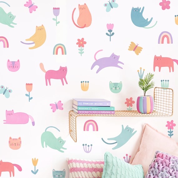 Cat Wall Decals - Girl Nursery Decor, Watercolor Flower Wall Art, Kids Room Decals, Reusable and Removable Wall Stickers