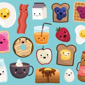 Kawaii Breakfast Food Clipart - Vector, PNG & JPG Files - 300 DPI Cute, Hand Drawn Food Clip Art Set