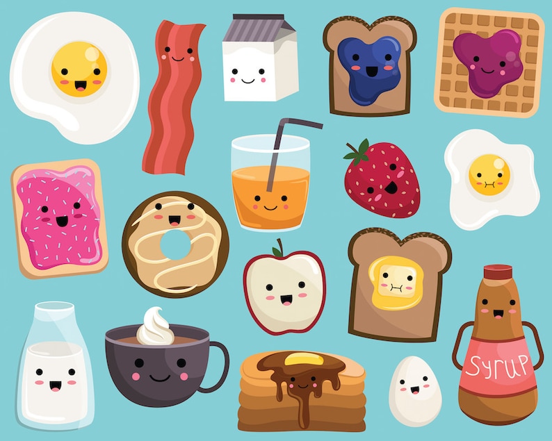 Kawaii Breakfast Food Clipart Vector, PNG & JPG Files 300 DPI Cute, Hand Drawn Food Clip Art Set image 1