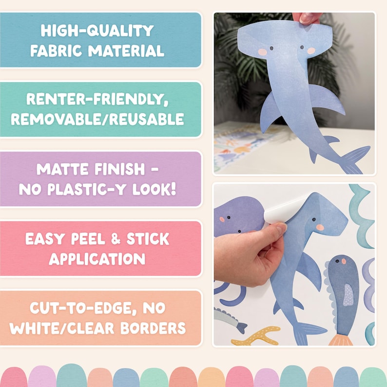 May include: A set of adhesive wall decals featuring a blue hammerhead shark and other sea creatures. The text on the image reads: HIGH-QUALITY FABRIC MATERIAL, RENTER-FRIENDLY, REMOVABLE/REUSABLE, MATTE FINISH - NO PLASTIC-Y LOOK!, EASY PEEL & STICK APPLICATION, CUT-TO-EDGE, NO WHITE/CLEAR BORDERS.