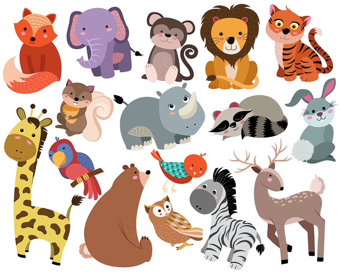 Cute Animals Clip Art Set of 16 Hand Drawn 300 DPI Vector Etsy Canada