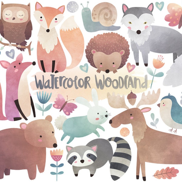 Watercolor Woodland Clipart - Watercolor Clipart, Woodland Clipart, Cute Woodland Animals, Nursery Printables, Digital Watercolor Art