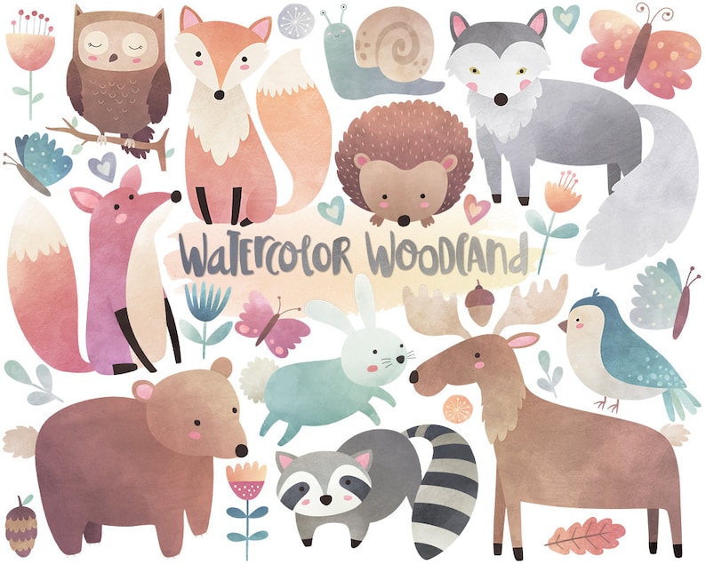 Watercolor Woodland Clipart - Watercolor Clipart, Woodland Clipart, Cute Woodland Animals, Nursery Printables, Digital Watercolor Art 