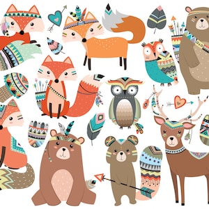 Woodland Tribal animaux Clipart Vol. 2 - ensemble de 19 vecteur, PNG & fichiers JPG - forêt mignon animaux Clip Art, renard, Hibou, cerf, rustique, Art de flèches