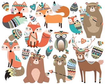 Woodland Stammes Tiere Clipart Vol. 2 - Satz von 19 Vektor, PNG und JPG-Dateien - süß Wald Tier ClipArt, Fuchs, Eule, Reh, rustikal, Pfeile Kunst