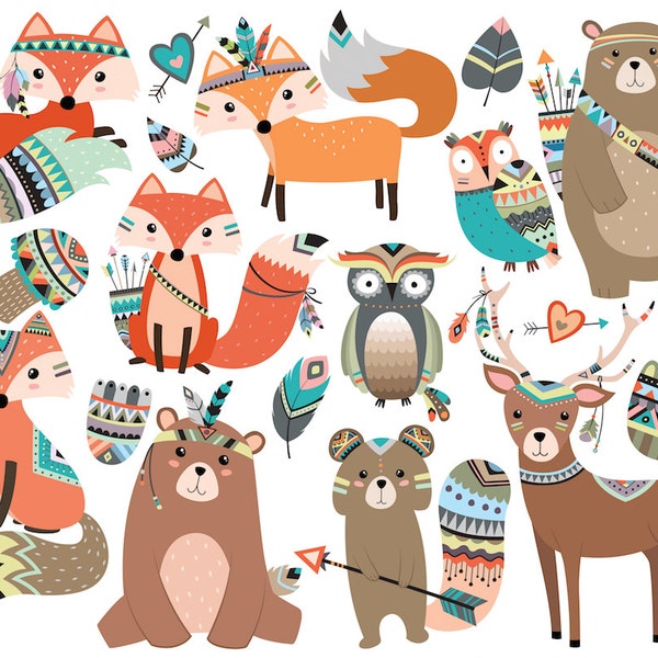 Woodland Tribal Animals Clipart Vol. 2 - Set of 19 Vector, PNG & JPG Files - Cute Forest Animal Clip Art, Fox, Owl, Deer, Rustic, Arrows Art