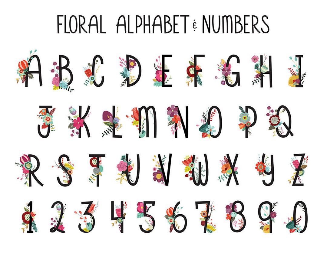 Floral Alphabet and Numbers Clip Art - Set of 36 300 DPI X