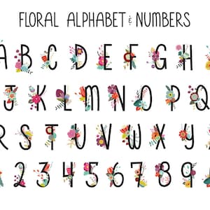 Kwiatowy alfabet i numery clip art-zestaw 36 300 DPI X-Large Vintage, kolorowe elementy konstrukcyjne-Vector, PNG i plików JPG