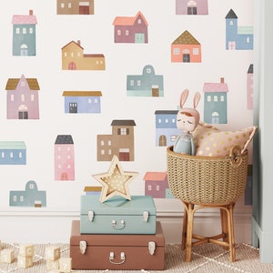 Watercolor Village Wall Decals - Nursery Decor, Watercolor Wall Art, Kids Room Decal, Reusable and Removable Wall Stickers